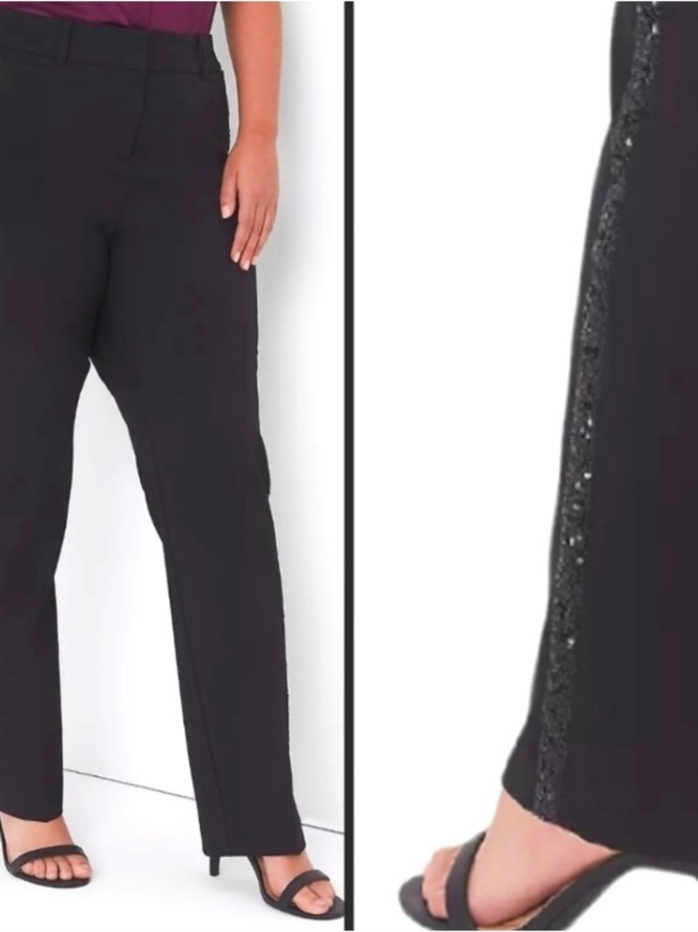 Black Sequin-Trim Straight Leg Pants